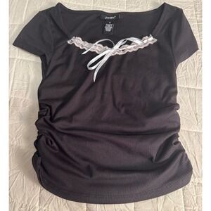 Just Polly New York Black Ribbed Top Lace Trim‎ Ruched Side Fitted Medium
